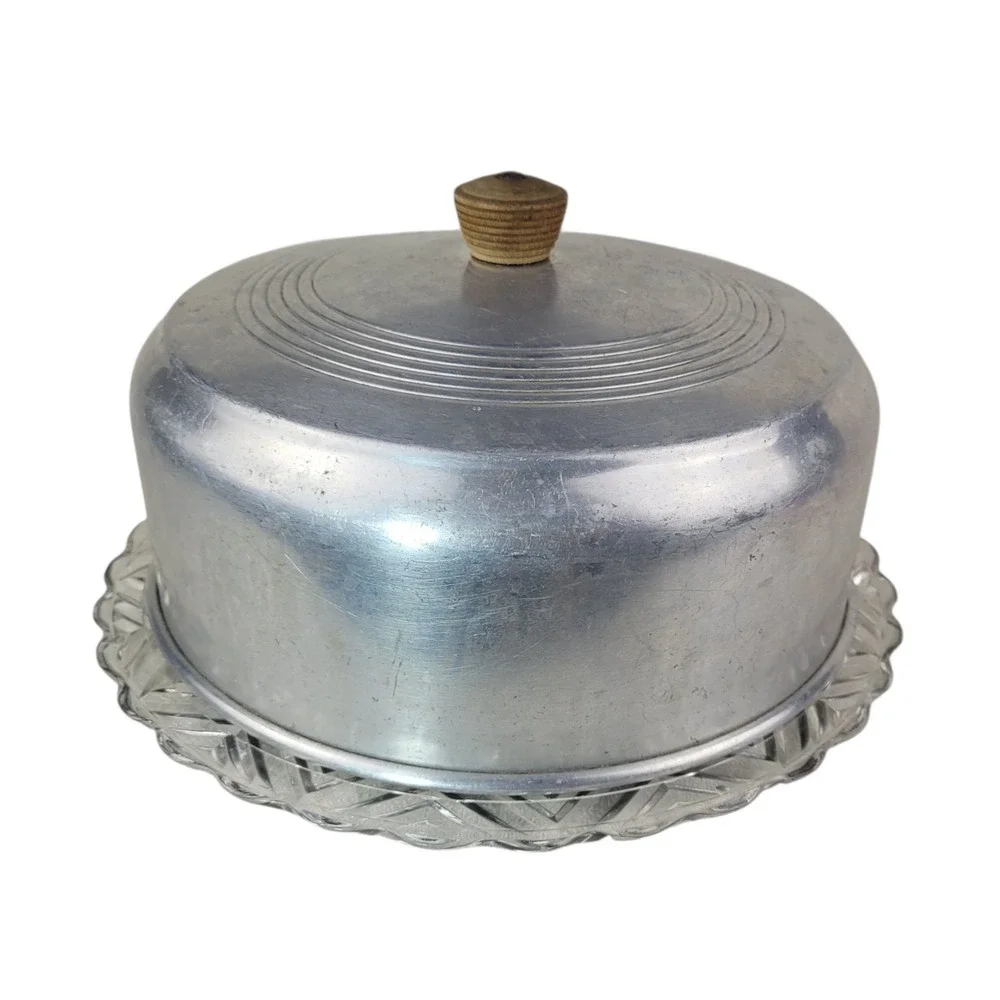 Vintage Spun Aluminum Cake Carrier Dome with Pressed Glass Platter Base Set